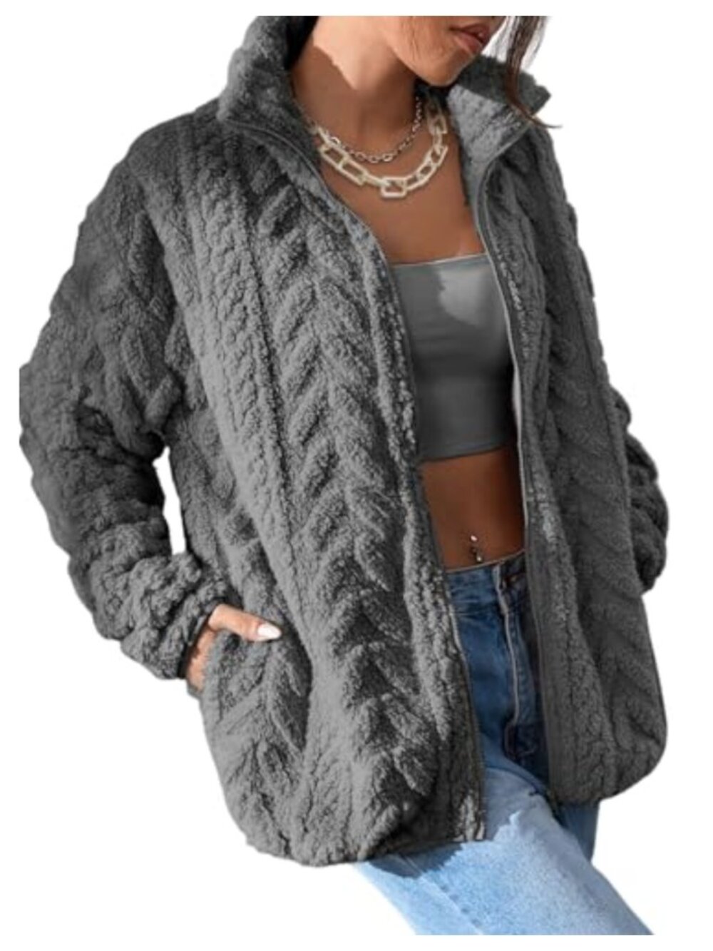 Women Fuzzy Fleece Jacket Full Zip Stand Collar Loose Fit Coat with Pockets